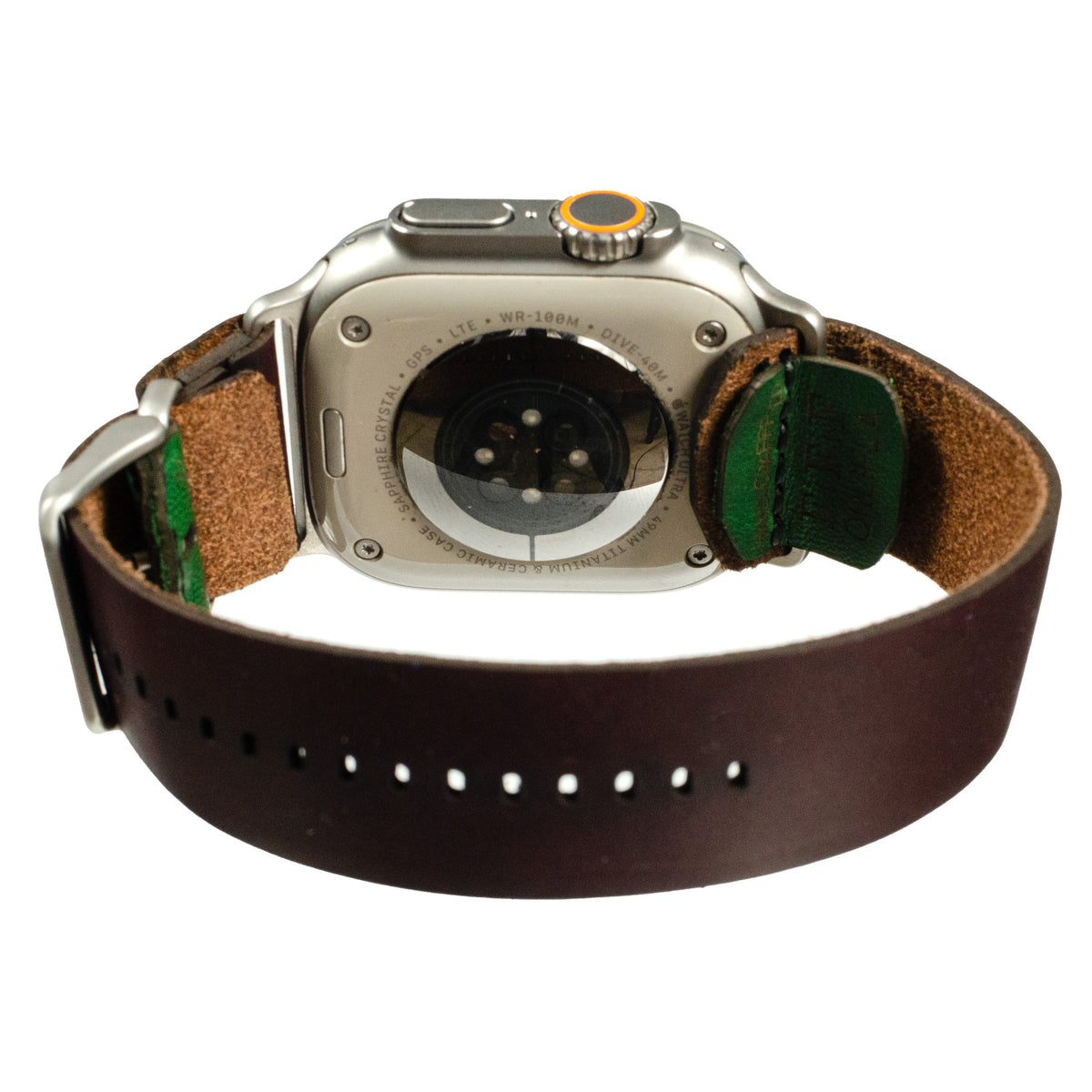 Side-Piece Apple Watchband — rear view showing fit around Apple Watch sensors