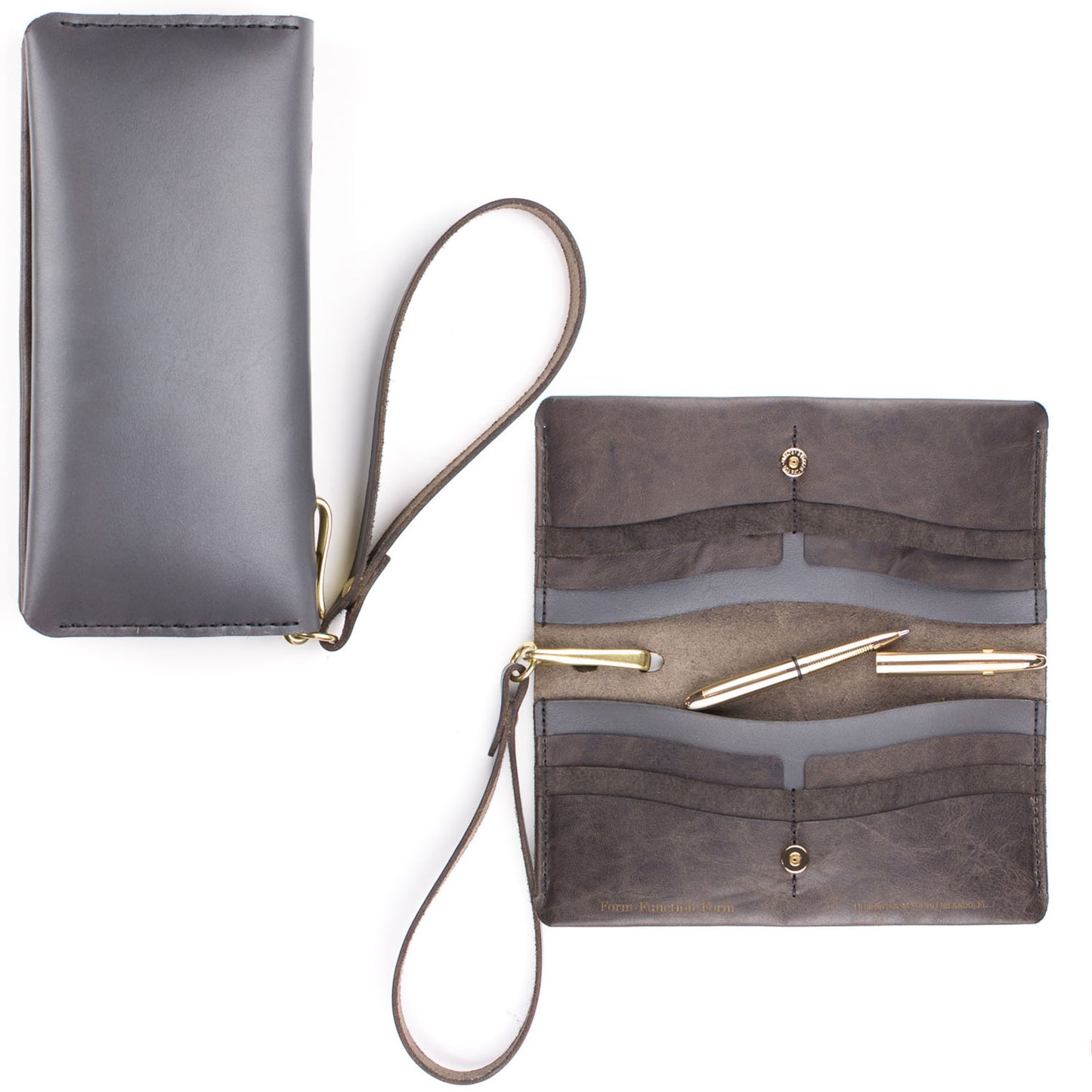Dime Wristlet in Heather Grey Latigo exterior / Bark Mustang interior — front view