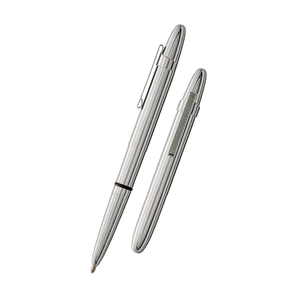 Fisher Space Pen in Chrome — angled front view