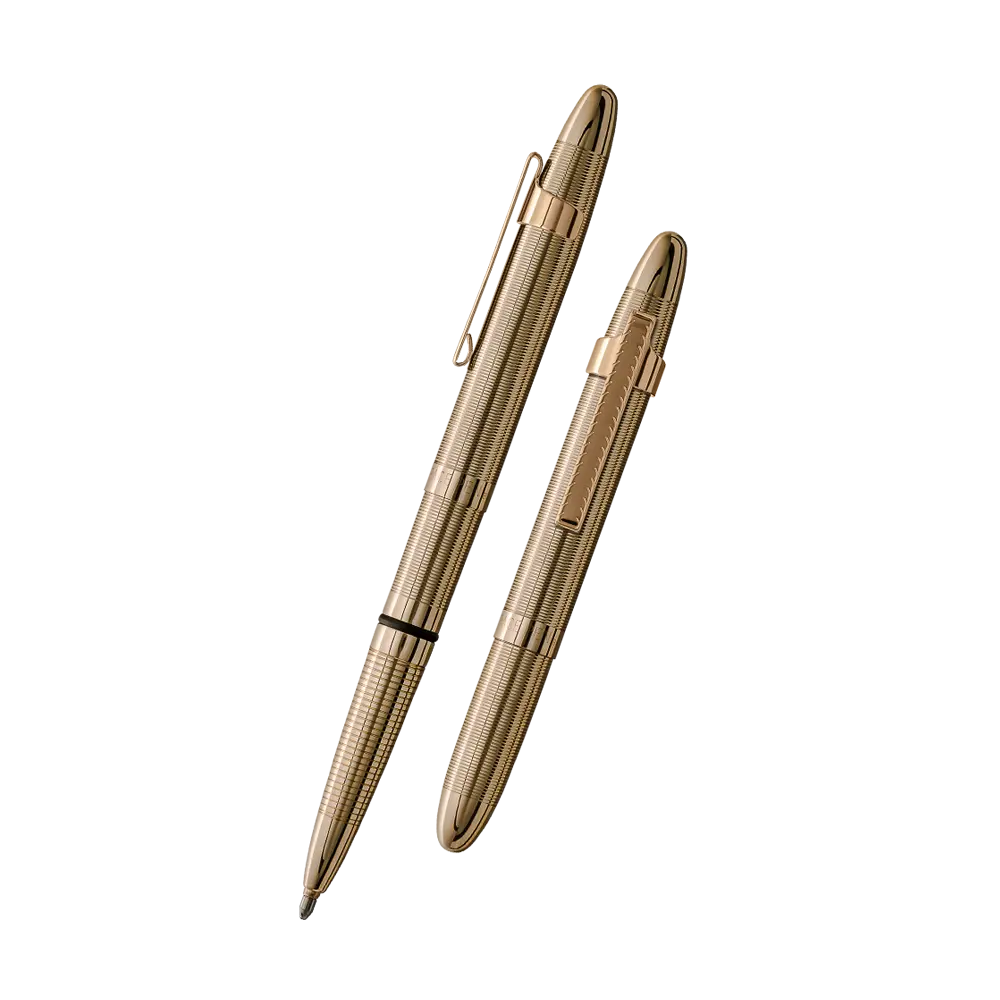 Fisher Space Pen in Lacquered Brass — angled front view
