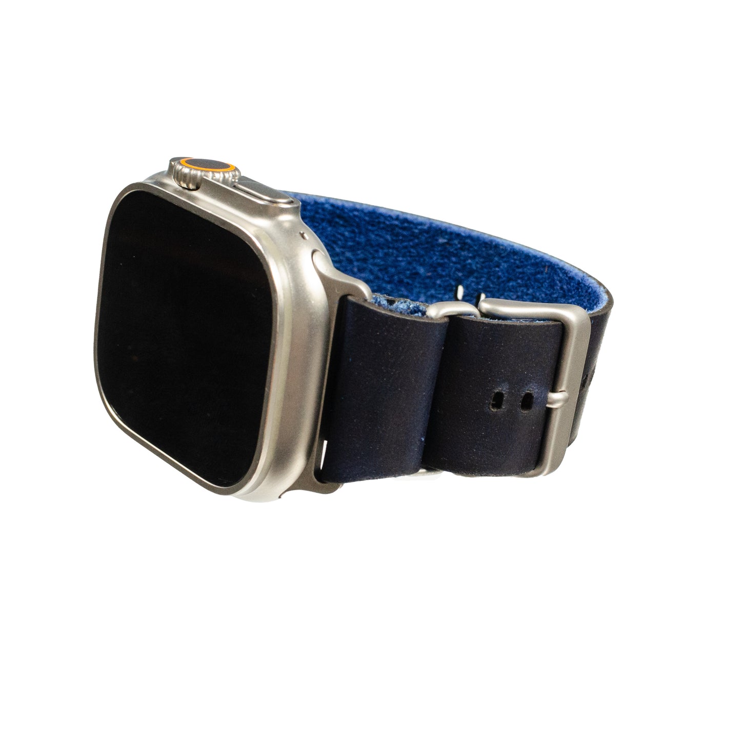 Side-Piece Watchband Apple Watch in Chromexcel Ink Blue — wrist view