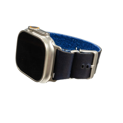 Side-Piece Watchband Apple Watch in Chromexcel Ink Blue — wrist view