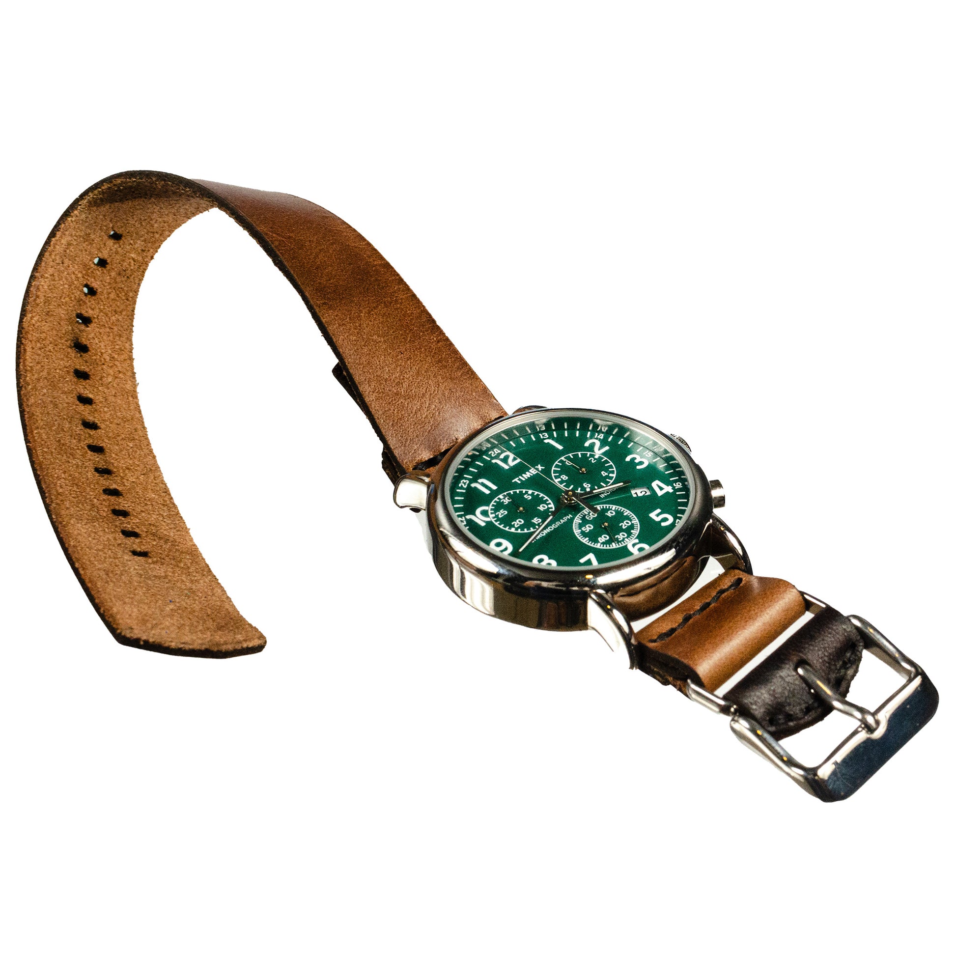 Side-Piece Watchband Standard — hero shot showing side-buckle Horween leather watchband for standard lugs