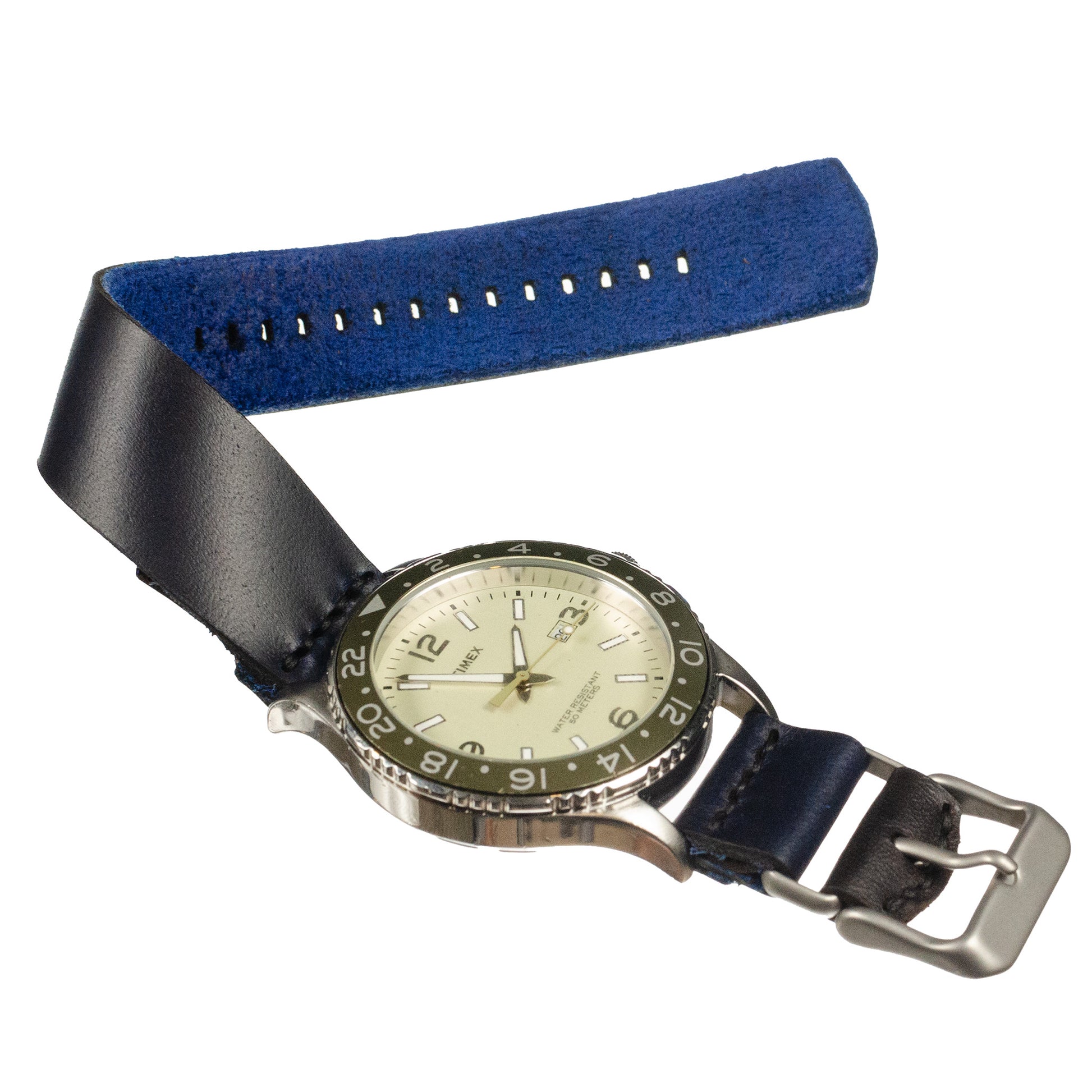 Side-Piece Watchband Standard — detail showing leather texture and stitch line
