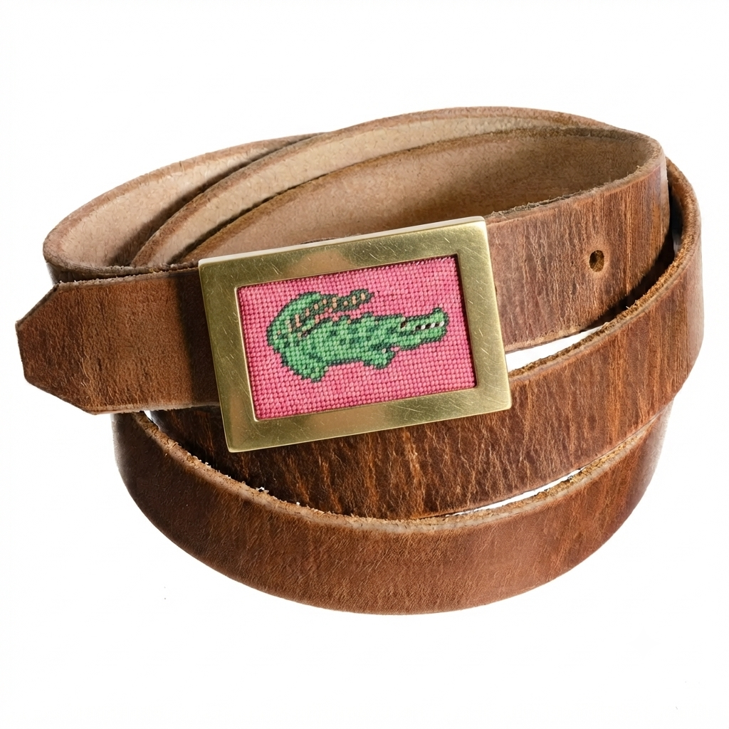 Brown Horween leather FFF belt strap coiled, fitted with a Heather Rae Atelier brass buckle holding a pink needlepoint alligator canvas.