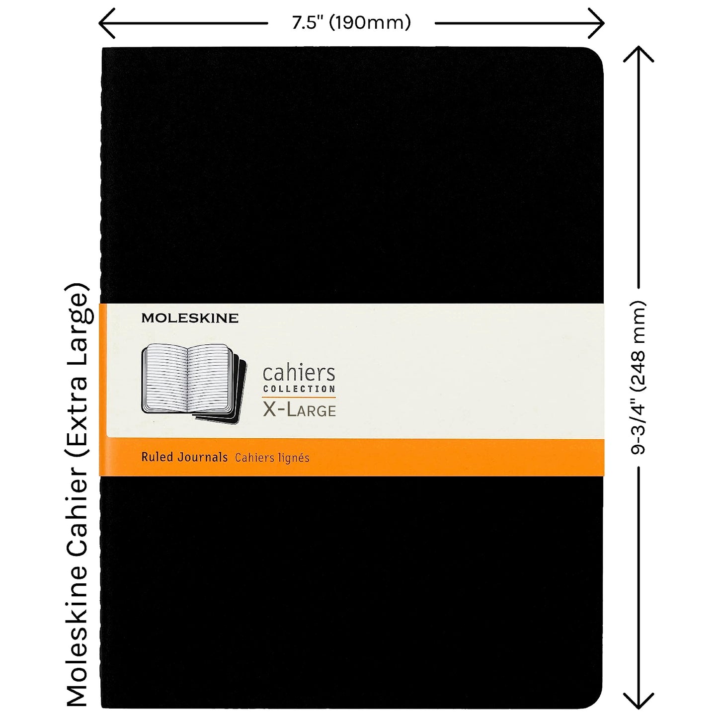 Slip Notebook Cover Custom Series — size reference showing Moleskine XL journal