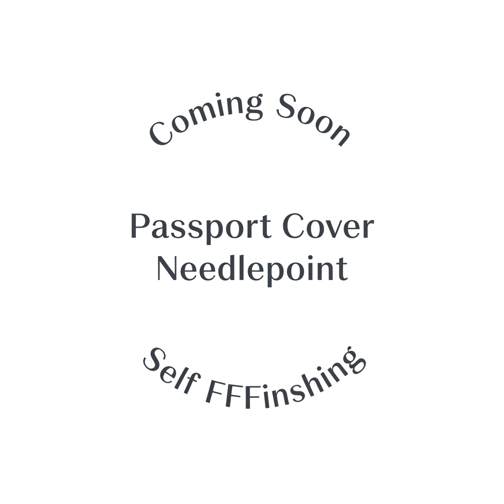 Coming soon graphic for the Passport Cover Needlepoint Self FFFinishing product, dark gray text on a white background.