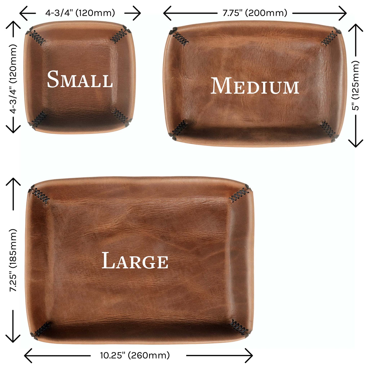FFF Valet Tray — dimensions diagram showing small, medium, and large size options