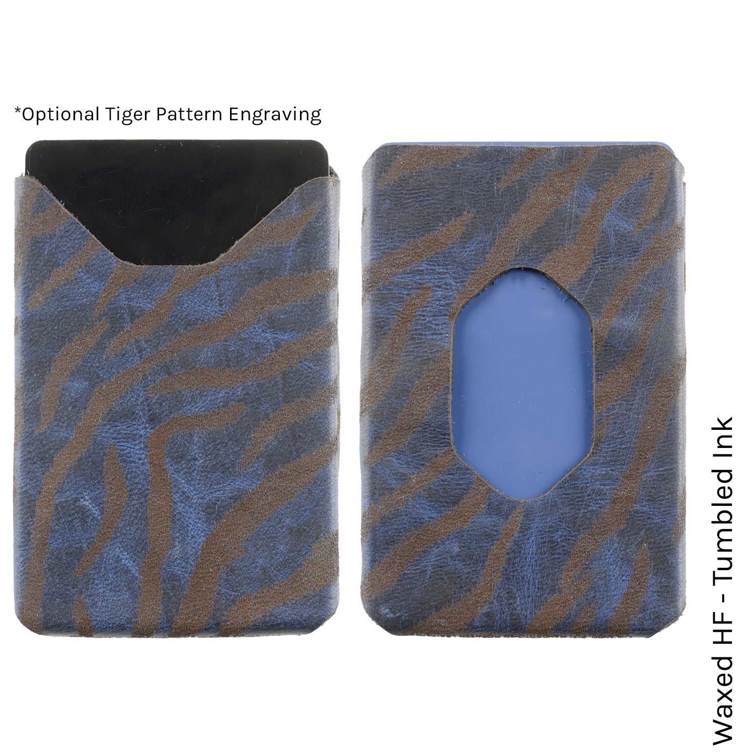 Six Pack Wallet in Chromexcel Ink Blue with tiger print lining — front view