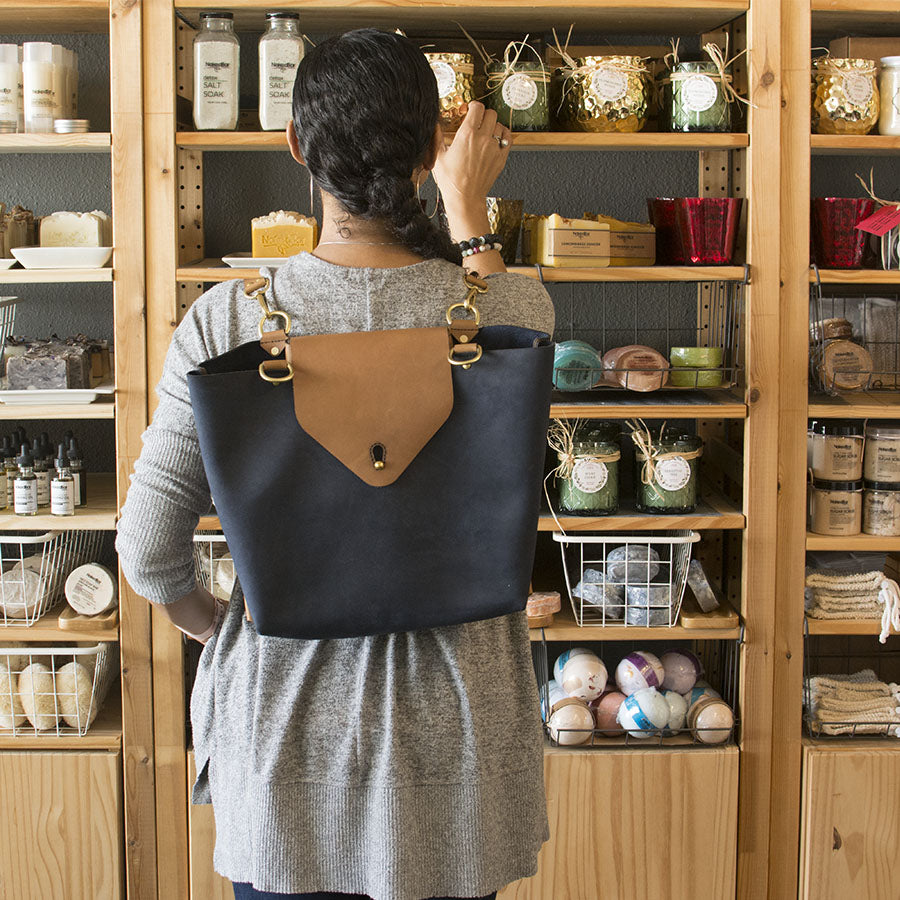 Three-Way Bag — detail showing leather texture and stitching