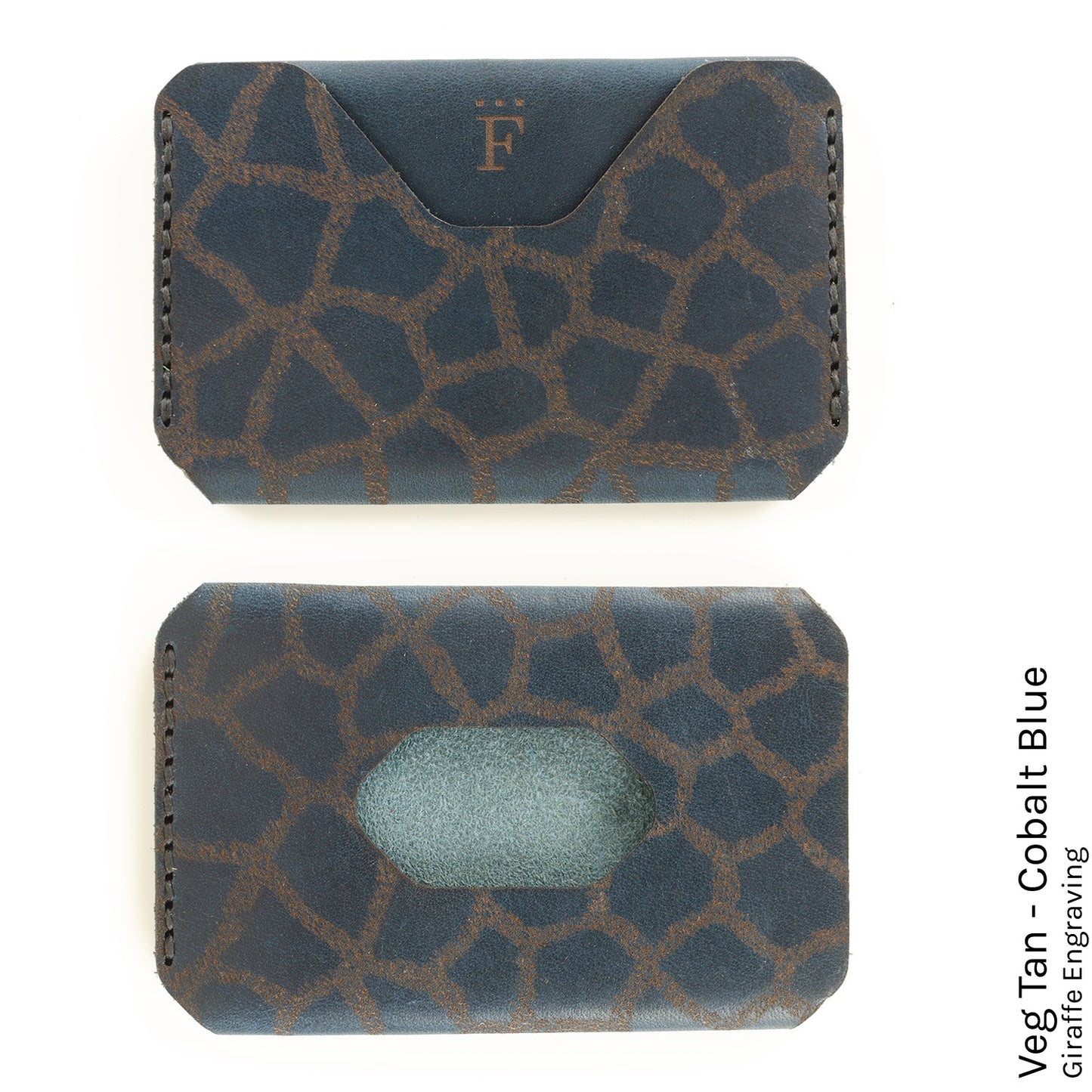 Side Hustle Wallet in Veg Tan Cobalt Blue with giraffe print lining — front view