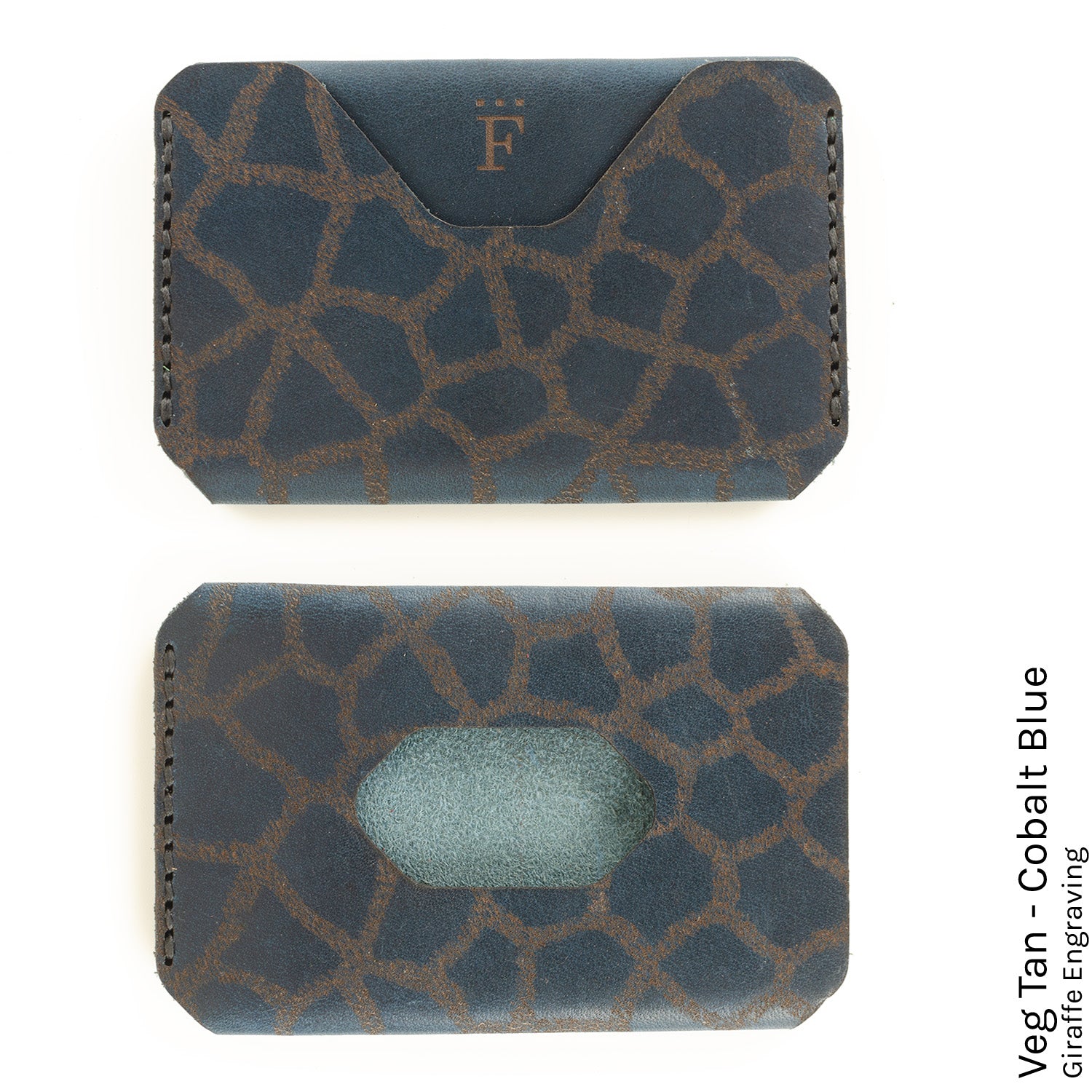 Side Hustle Wallet in Veg Tan Cobalt Blue with giraffe print lining — front view