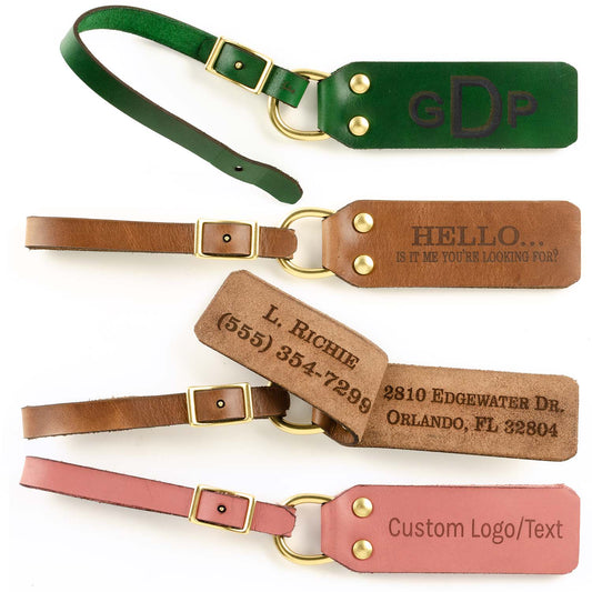ID FFFob Luggage Strap — hero shot showing Horween leather ID tag with strap attachment
