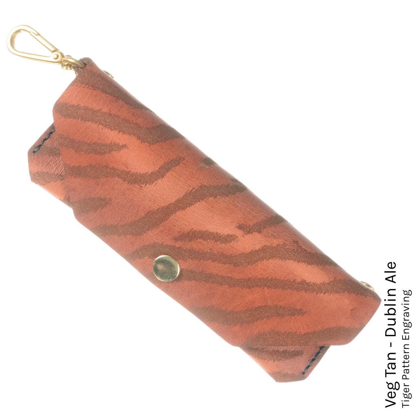 FFF Eyeglass Case in Veg Tan Dublin Ale with tiger print lining — front view