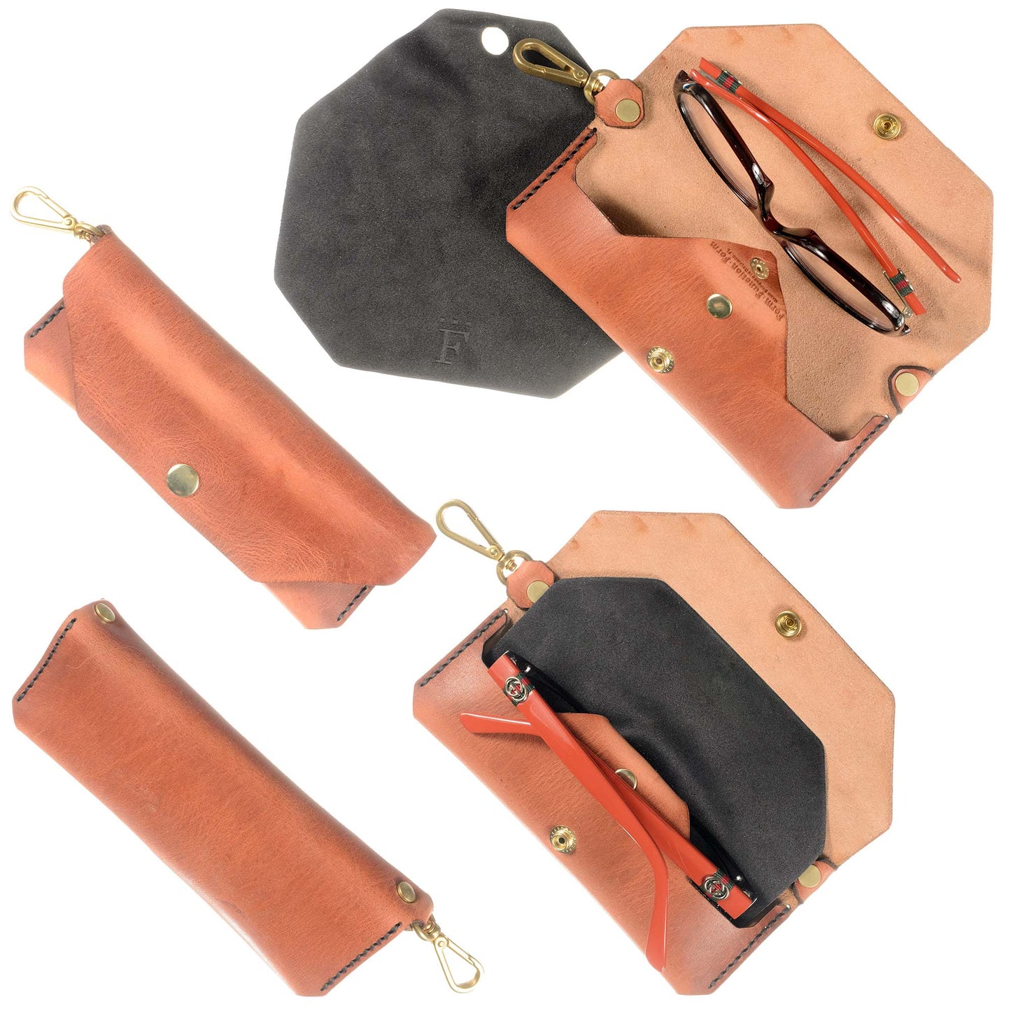 FFF Eyeglass Case — hero shot showing Horween leather eyeglass case with clip