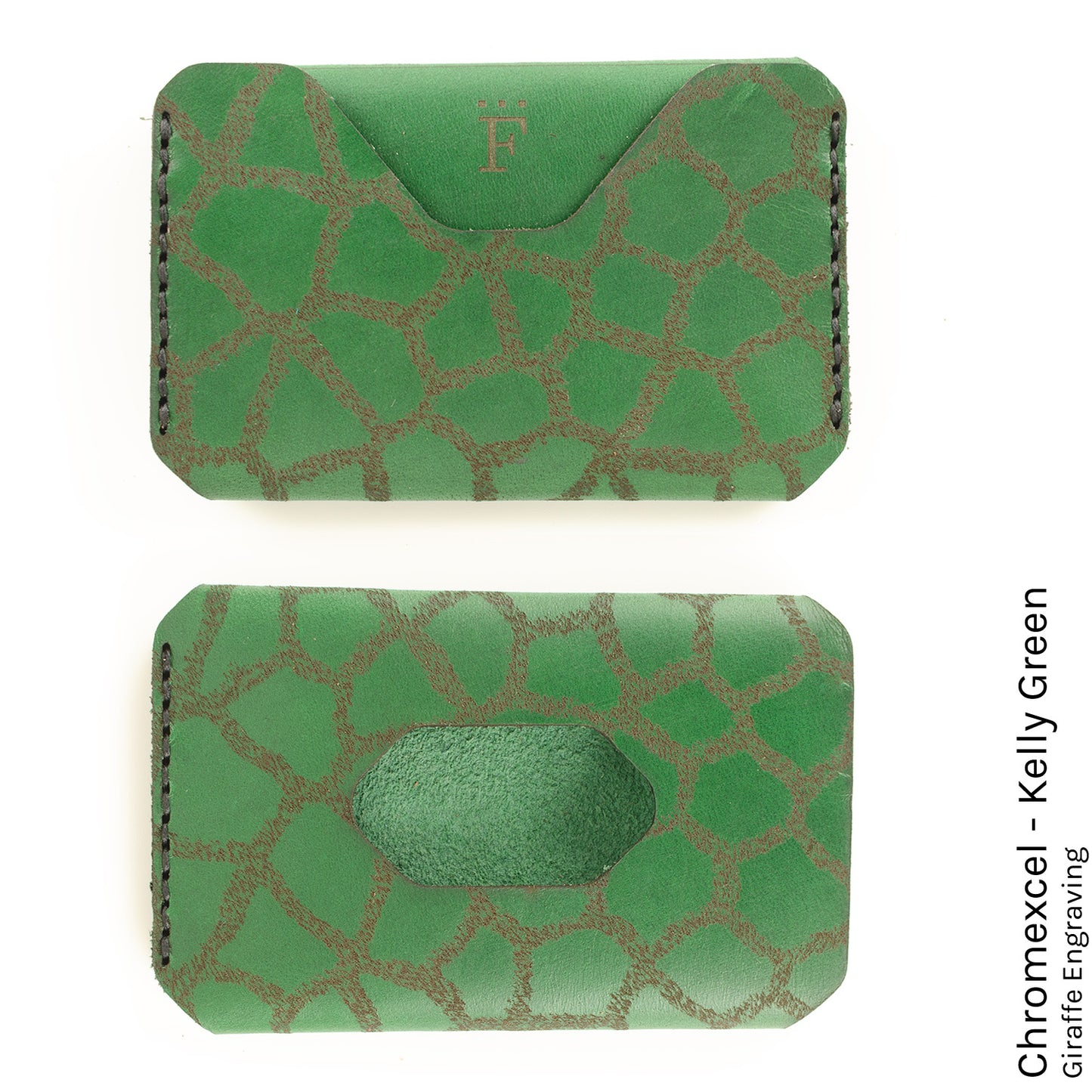 Side Hustle Wallet in Chromexcel Kelly Green with giraffe print lining — front view