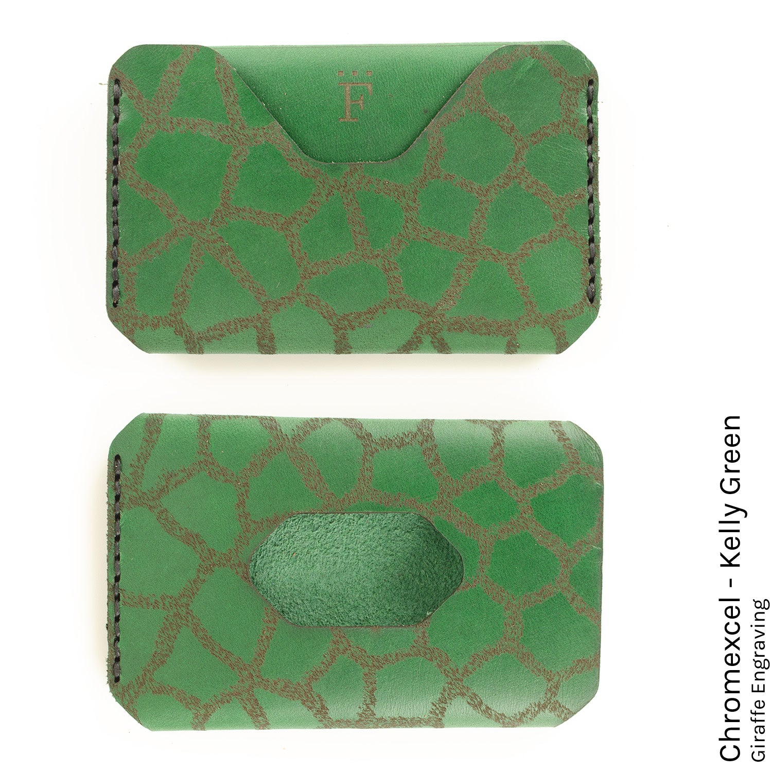 Side Hustle Wallet in Chromexcel Kelly Green with giraffe print lining — front view