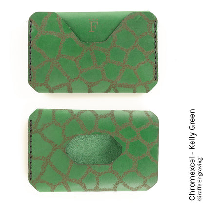 Side Hustle Wallet in Chromexcel Kelly Green with giraffe print lining — front view