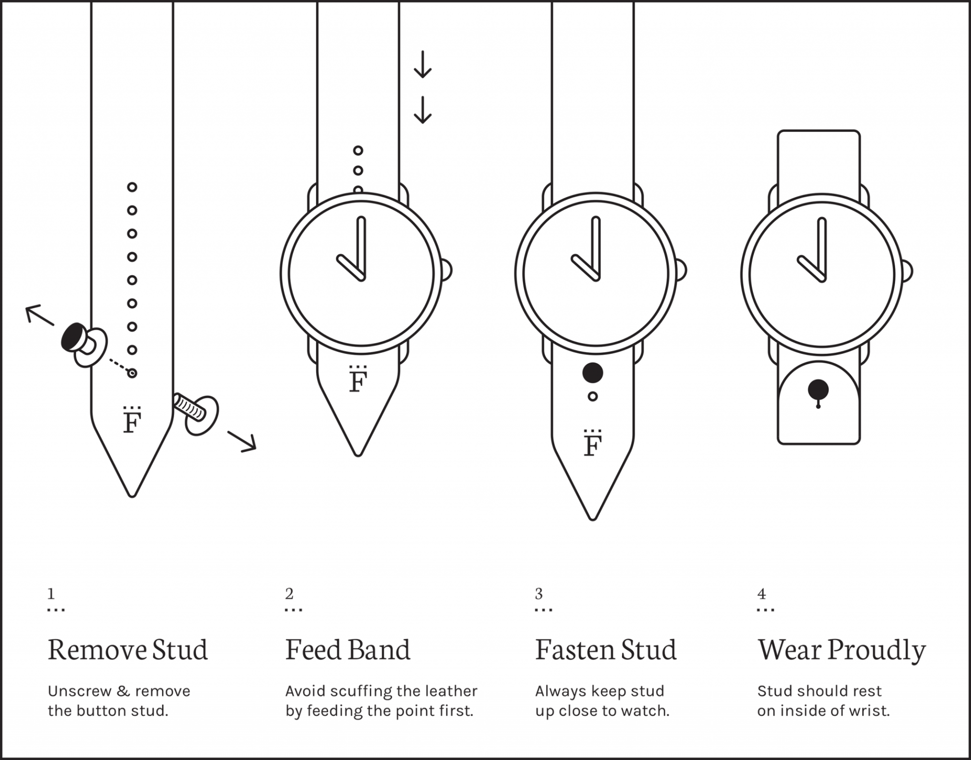 FFF Button-Stud Watchband Adjustable — diagram showing width and sizing options