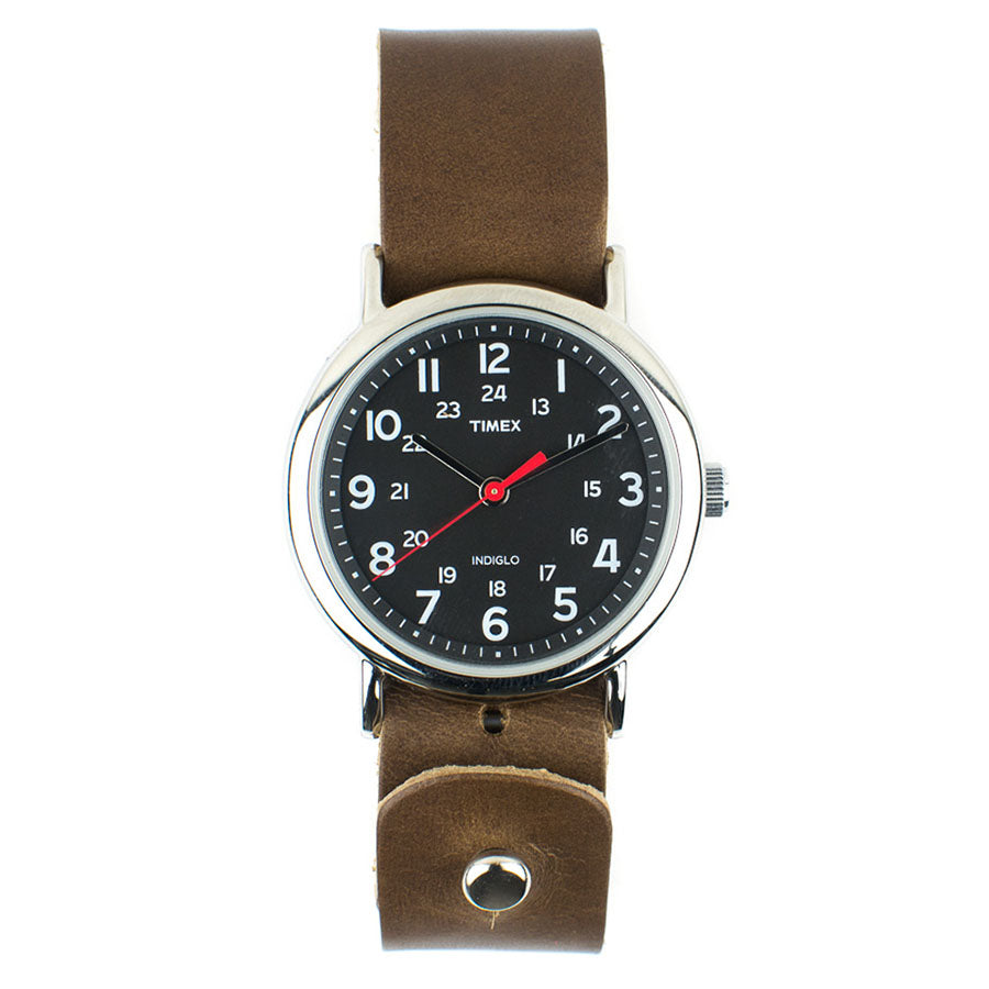 Timex 38mm Silver Night Weekender with 20mm FFF Watchband — detail showing silver case and leather band