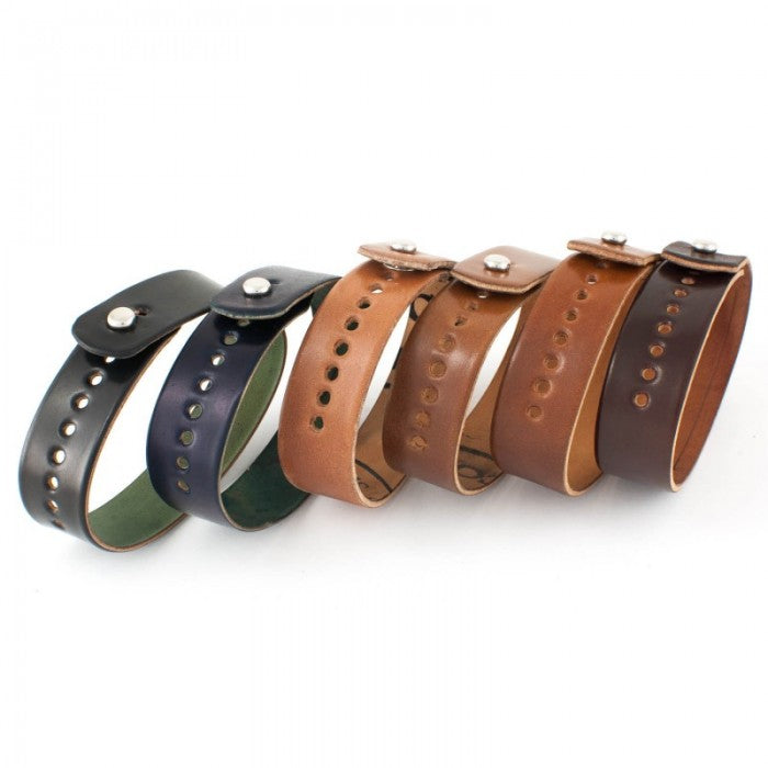 FFF Button-Stud Watchband Adjustable Cordovan — hero shot showing shell cordovan watchband on watch