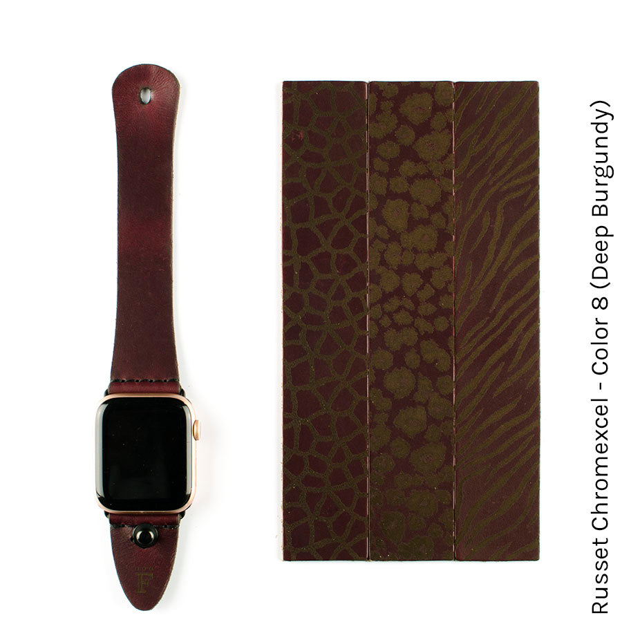 FFF Button-Stud Apple Watchband in Russet Chromexcel Deep Burgundy (Color 8) — wrist view