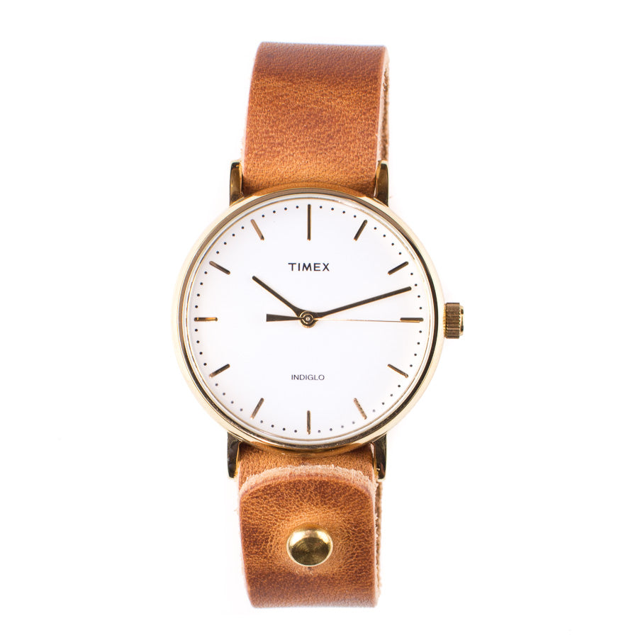 Timex 37mm Gold/White Fairfield with 18mm FFF Watchband — hero shot showing watch and leather band pairing