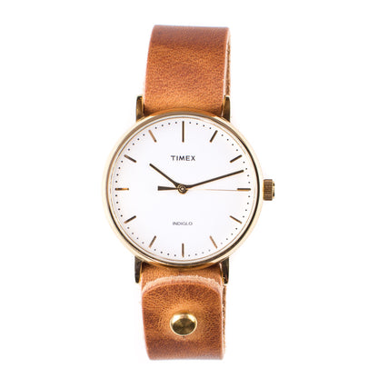 Timex 37mm Gold/White Fairfield with 18mm FFF Watchband — hero shot showing watch and leather band pairing