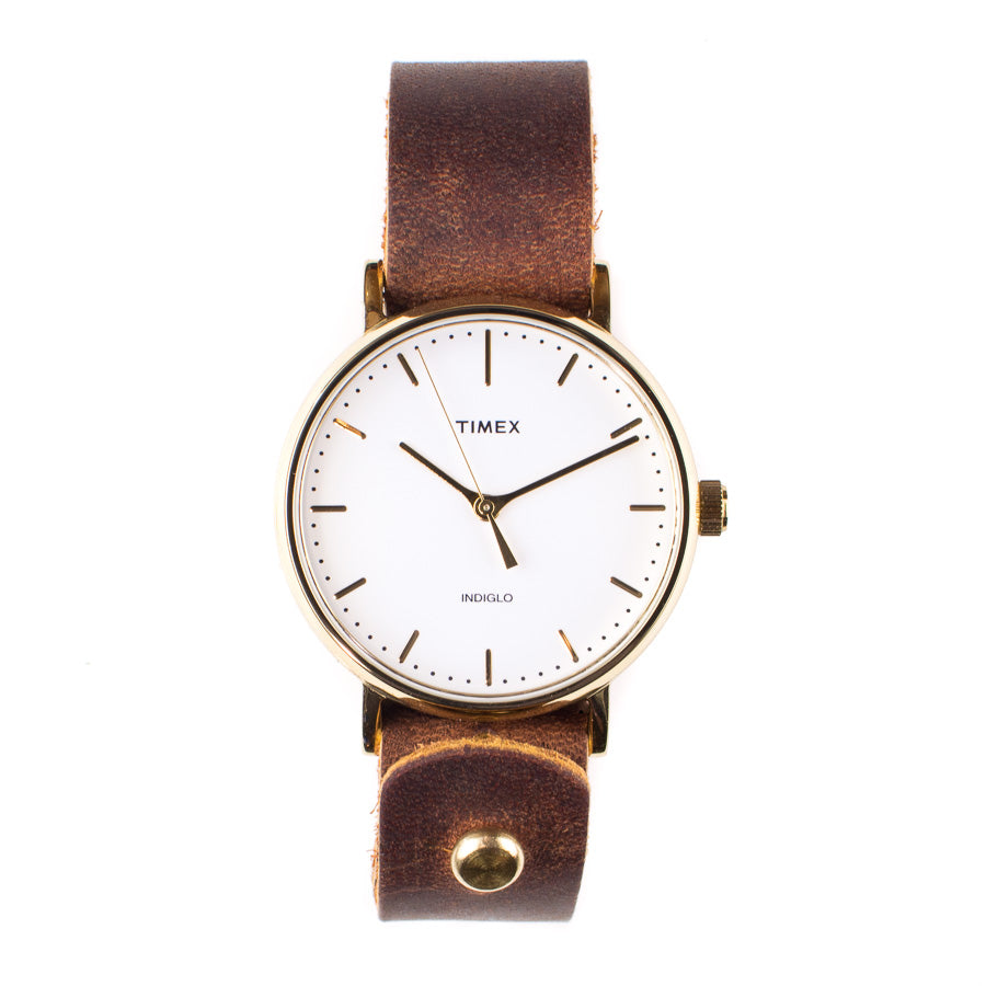 Timex 37mm Gold/White Fairfield with 18mm FFF Watchband — detail showing watch face and band