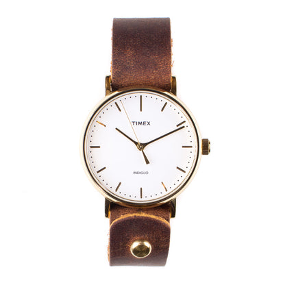 Timex 37mm Gold/White Fairfield with 18mm FFF Watchband — detail showing watch face and band