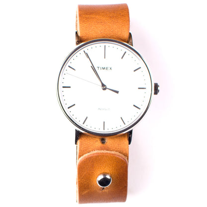 Timex 41mm Silver/White Fairfield with 20mm FFF Watchband — hero shot showing watch and leather band