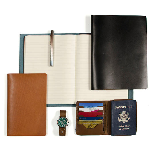 Slip Notebook Cover Custom Series — hero shot showing laser-engraved Horween leather notebook cover