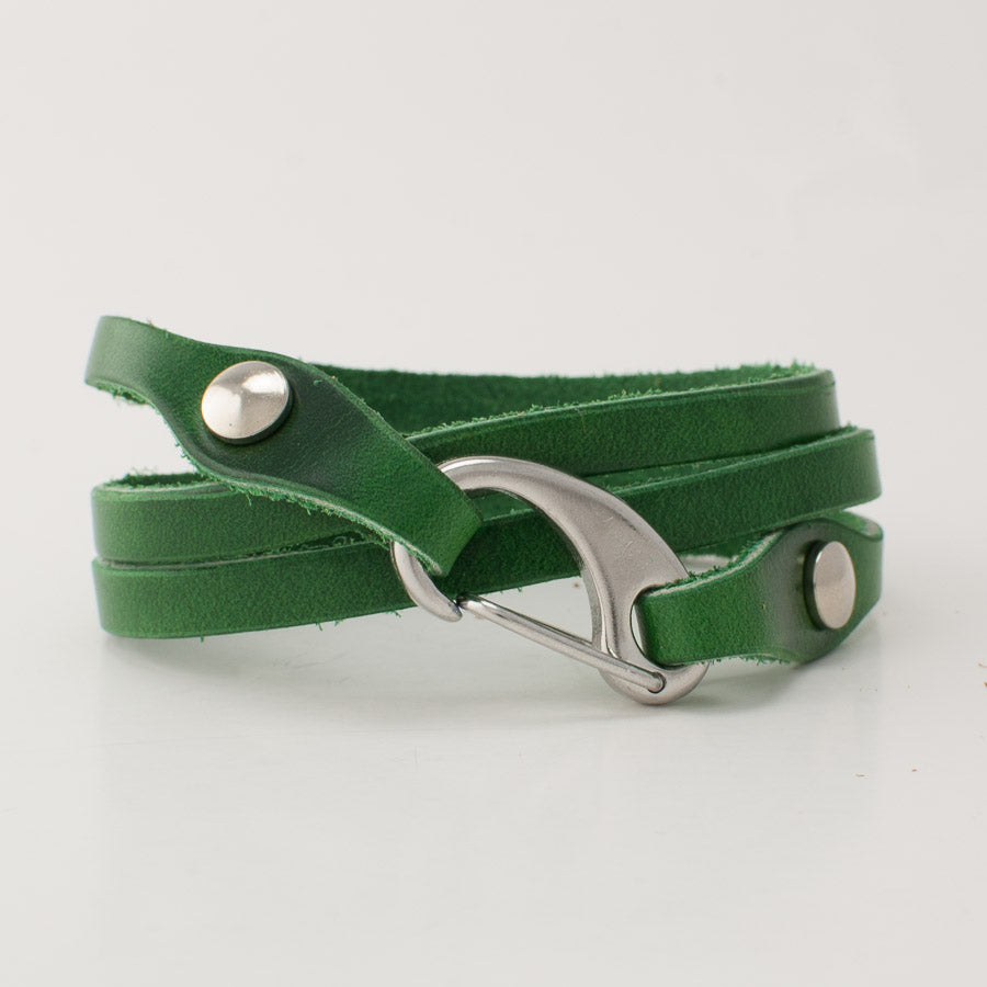 Strap-On Camera Bracelet in Chromexcel Kelly Green — wrist view