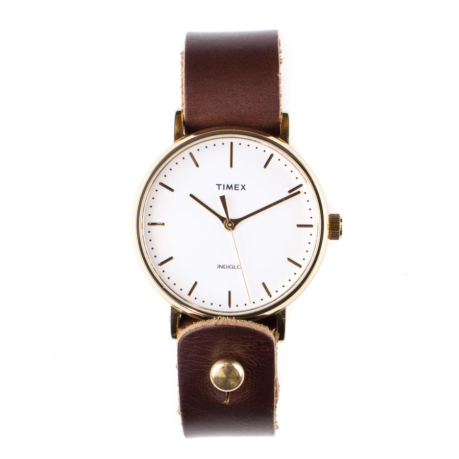 Timex 37mm Gold/White Fairfield with 18mm FFF Watchband — flat lay