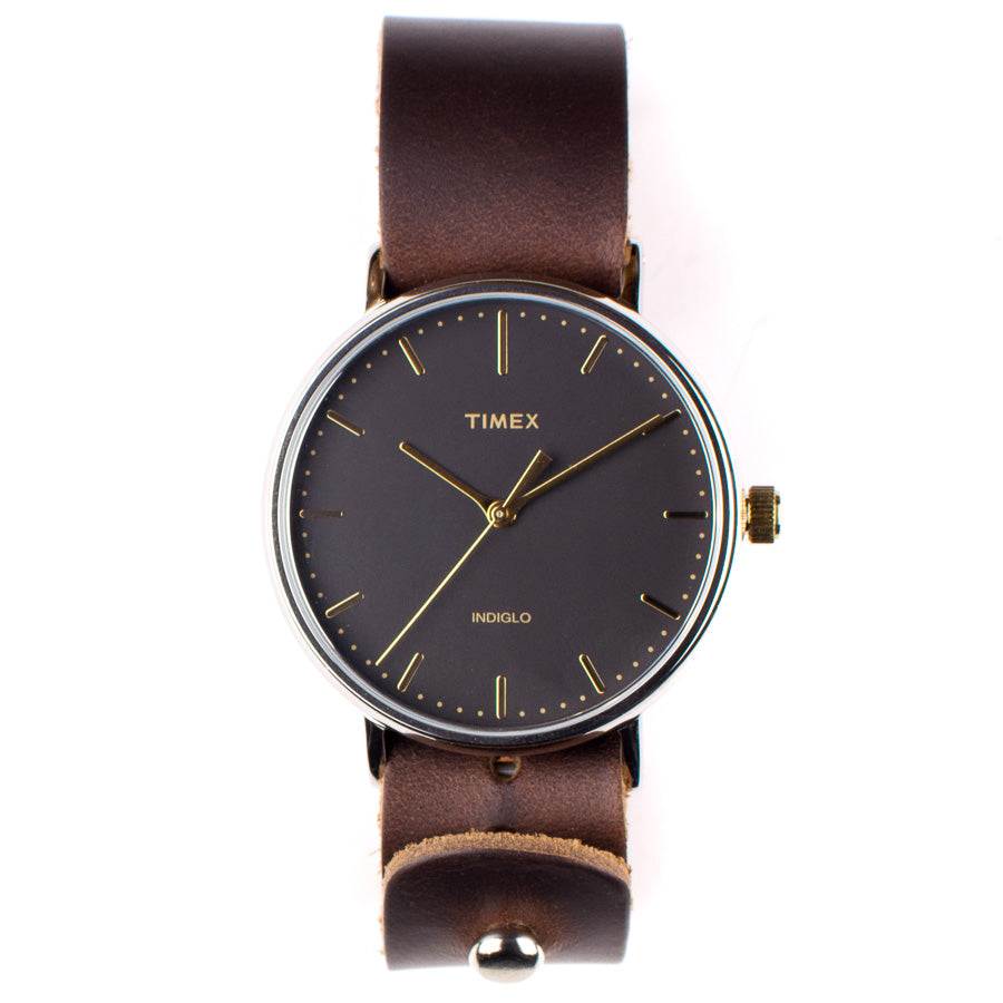 Timex 41mm Black Gold Fairfield with 20mm FFF Watchband — flat lay