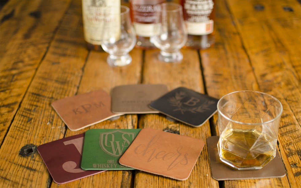 FFF Coasters — detail showing leather texture and stitched border