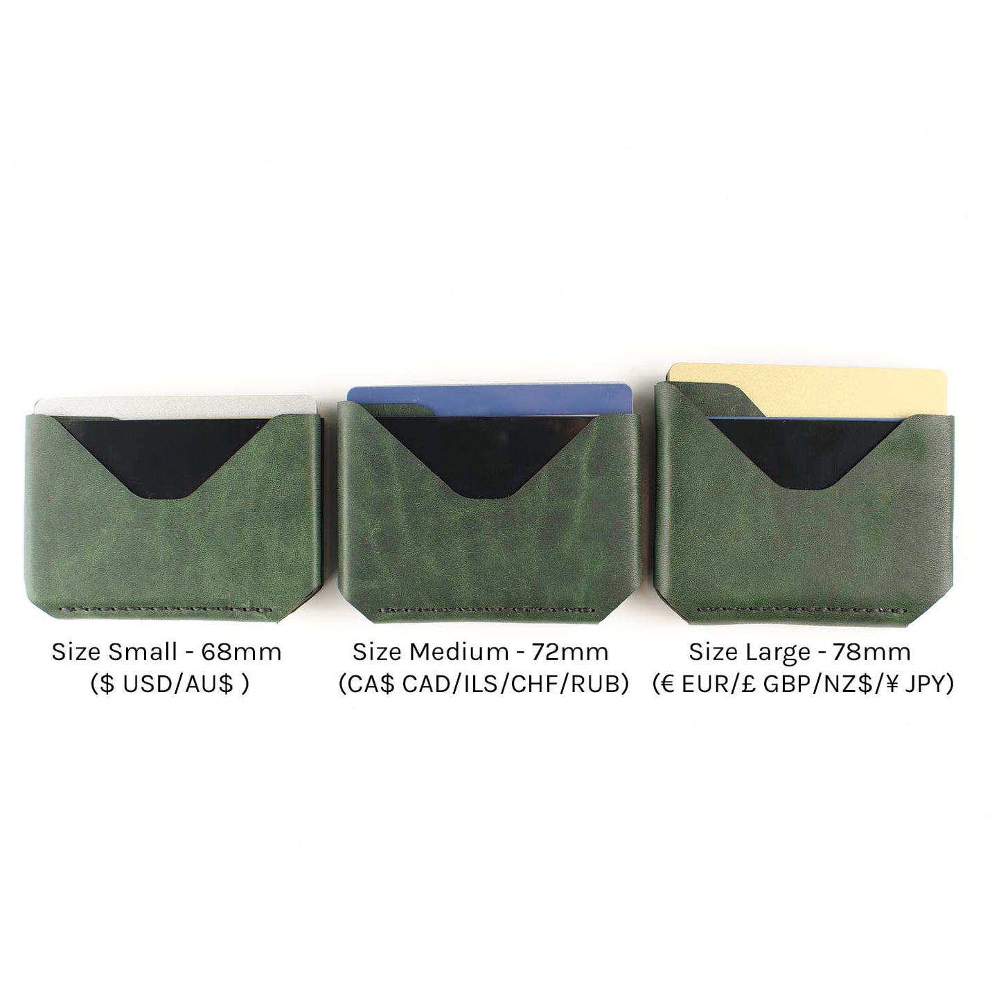 Sidestep Wallet — size comparison showing three currency sizes