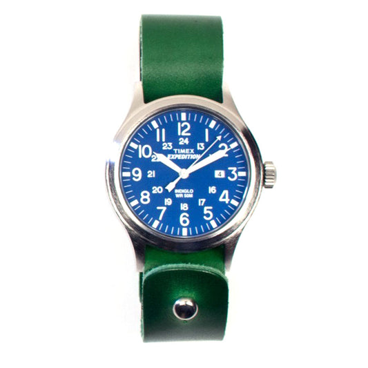 Timex 40mm Royal Blue Scout with 20mm FFF Watchband — hero shot showing watch and leather band pairing