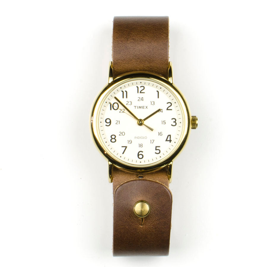 Timex 38mm Brass Weekender with 20mm Natural Chromexcel FFF Watchband — hero shot