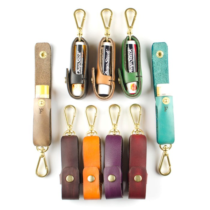 Lip Balm Clip — hero shot showing Horween leather lip balm holder with key ring