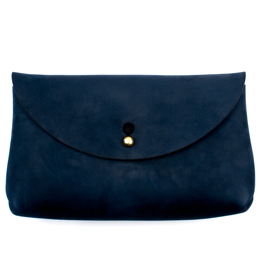 Penney Clutch in Latigo Baltic Blue Suede — front view