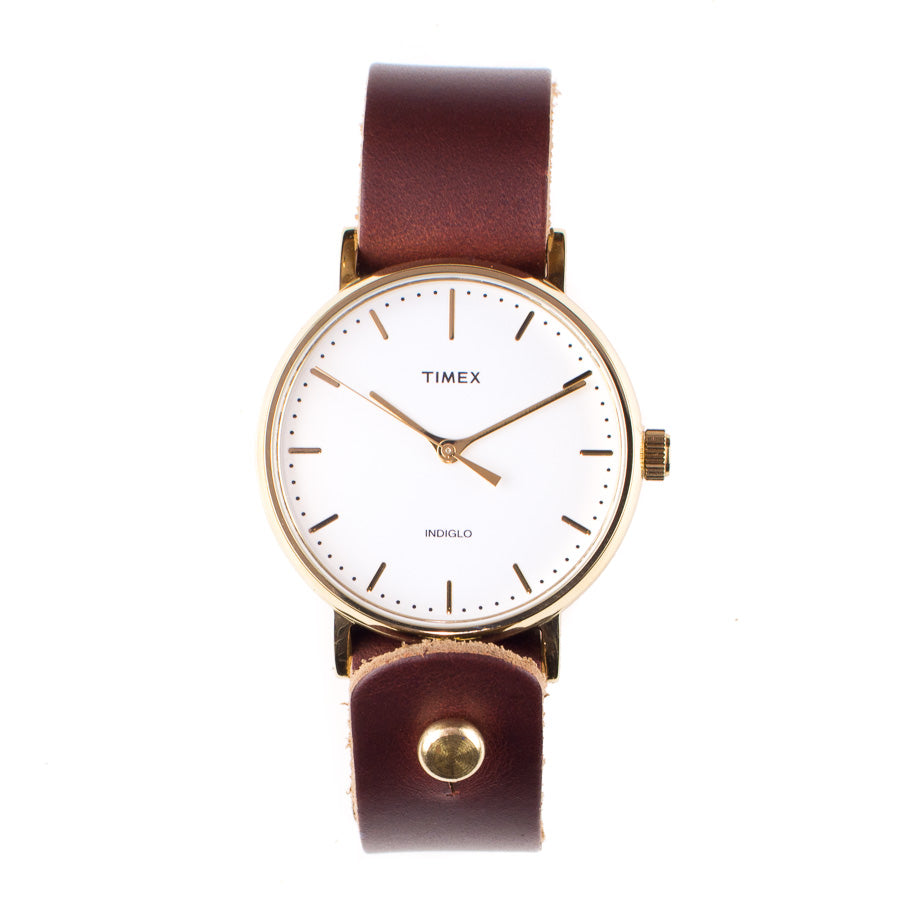 Timex 37mm Gold/White Fairfield with 18mm FFF Watchband — side profile view