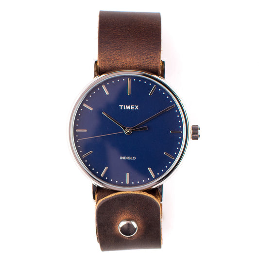 Timex 41mm Silver/Cobalt Fairfield with 20mm FFF Watchband — wrist view