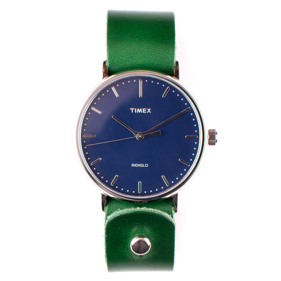 Timex 41mm Silver/Cobalt Fairfield with 20mm FFF Watchband — flat lay