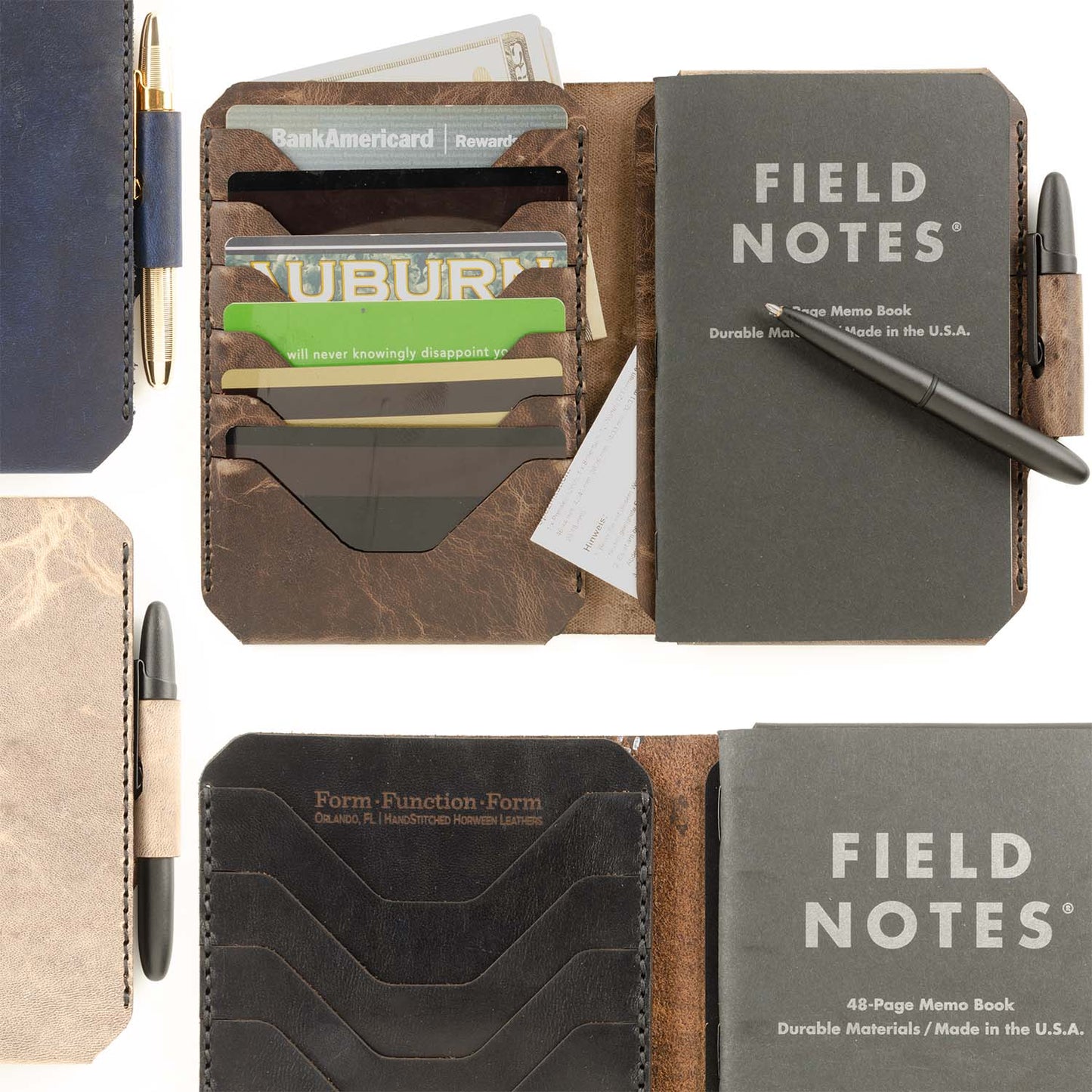 Field Notes Wallet — hero shot showing multiple color options in Horween leather with Field Notes notebook