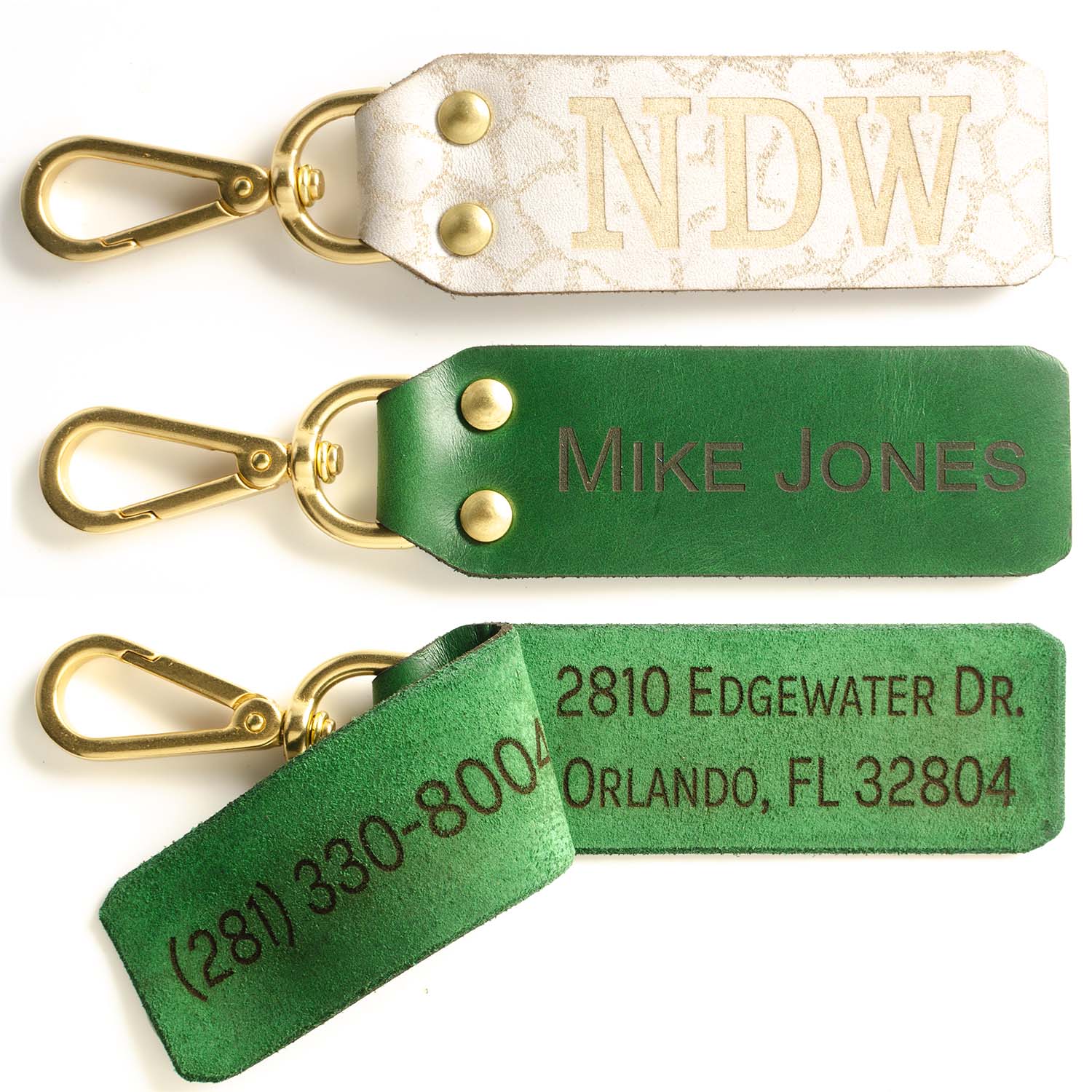 ID FFFob Luggage Clip — hero shot showing Horween leather ID tag with clip attachment