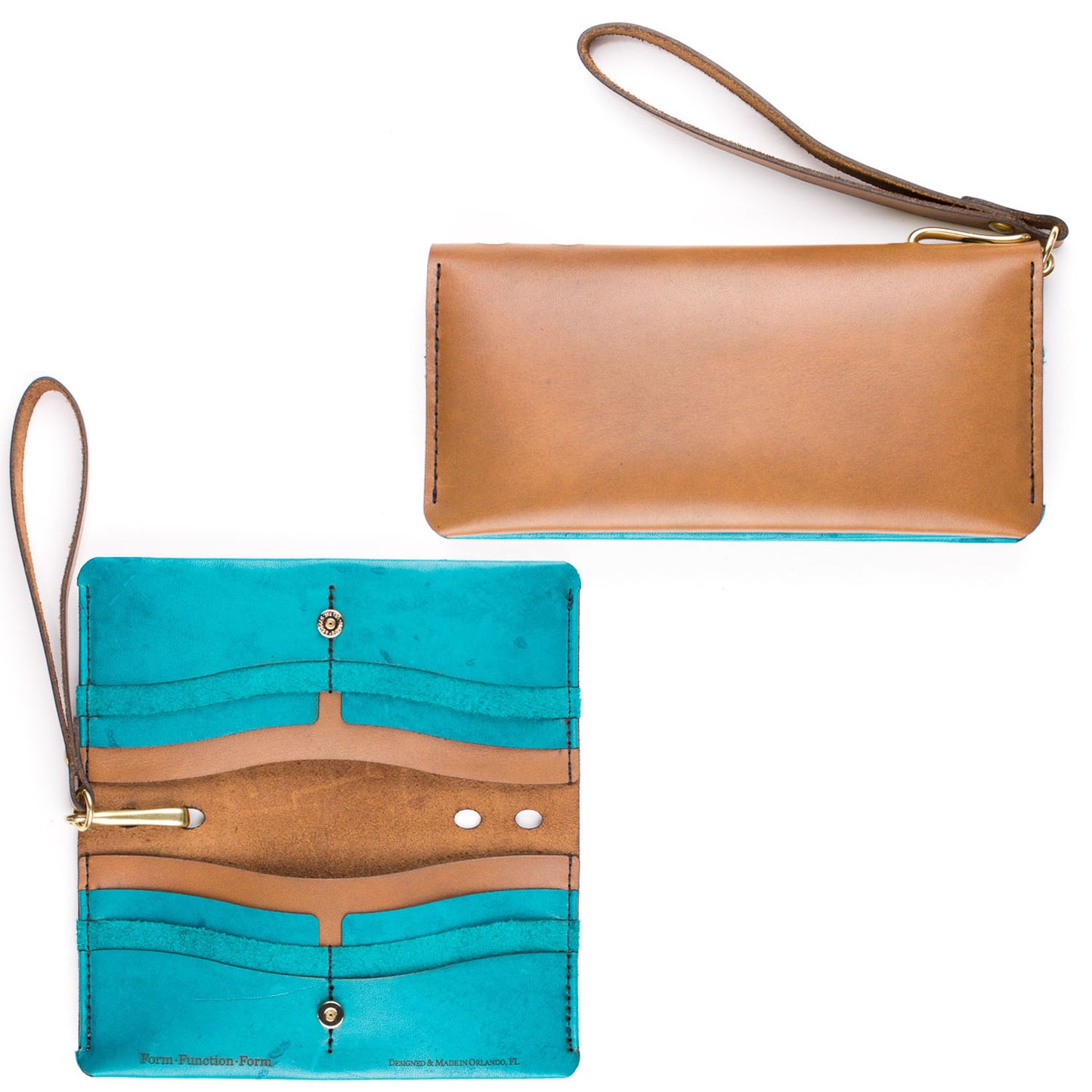 Dime Wristlet in Rio Tan Latigo exterior / Turquoise Latigo interior — front view