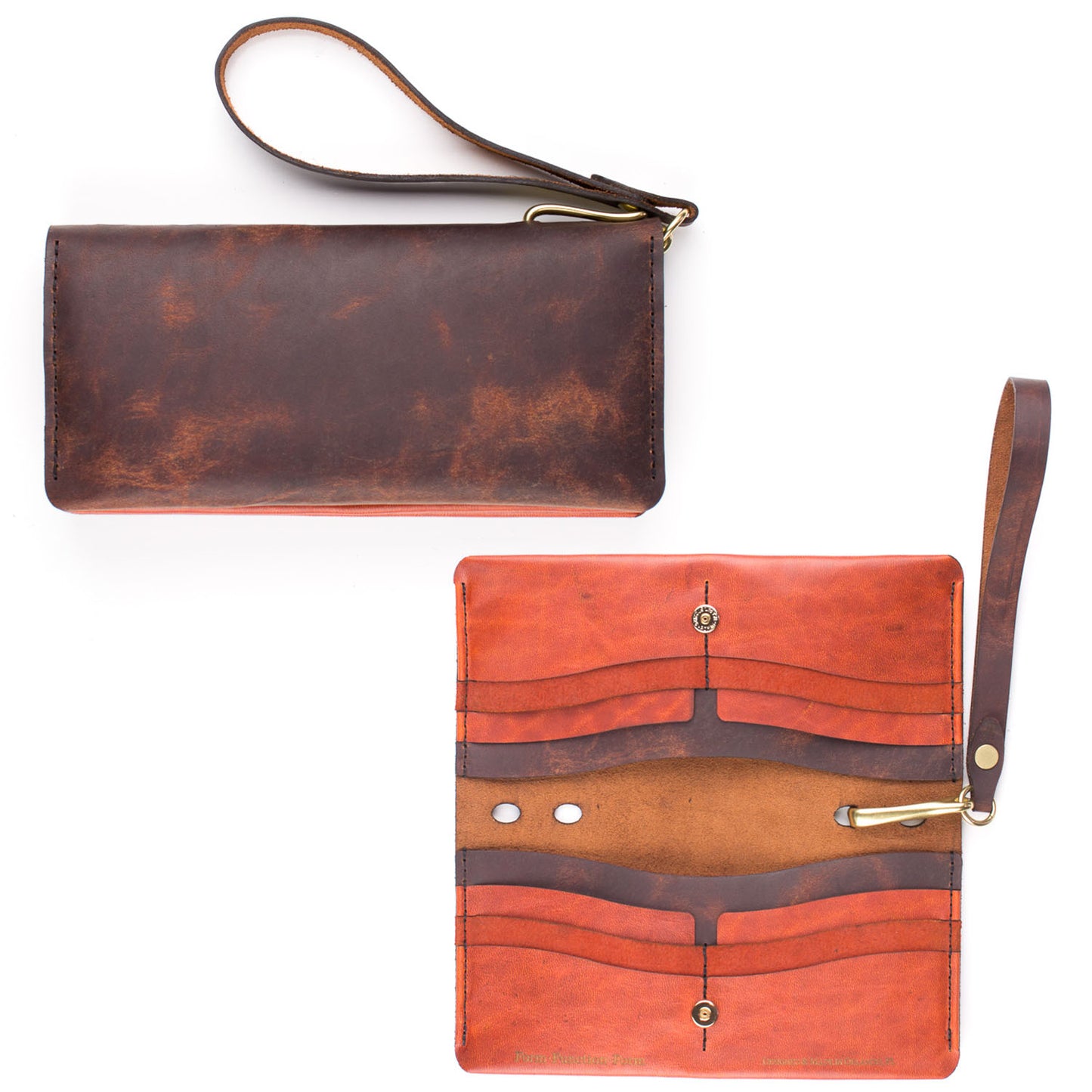 Dime Wristlet in Predator Dark Tan exterior / Burnt Orange Mustang interior — front view
