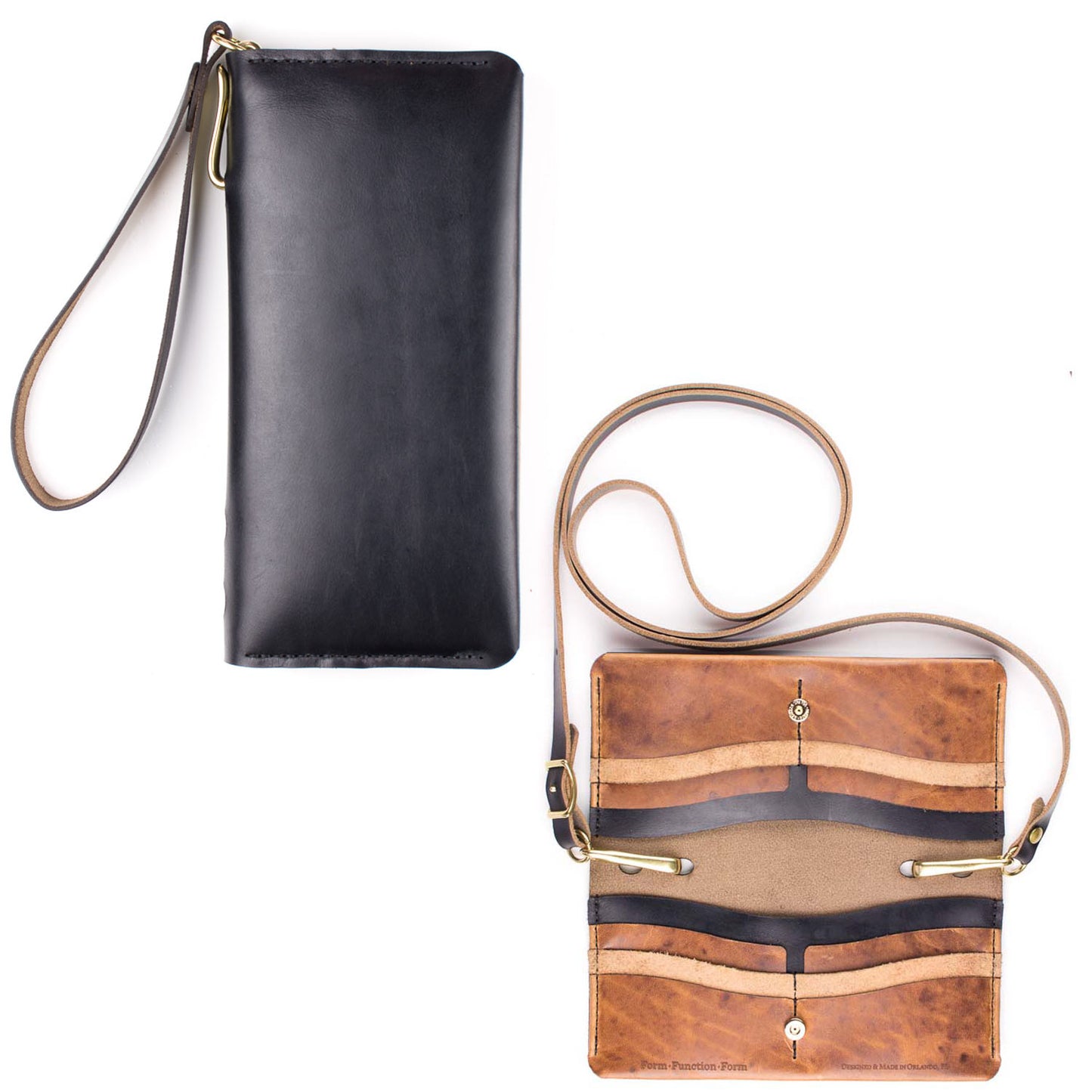 Dime Wristlet in Black Chromexcel exterior / Latte Tan interior — front view