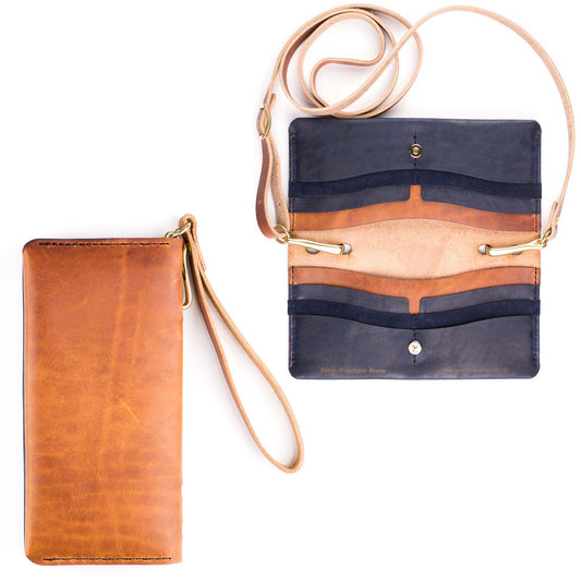 Dime Wristlet in Dublin Ale exterior / Navy Mustang interior — front view